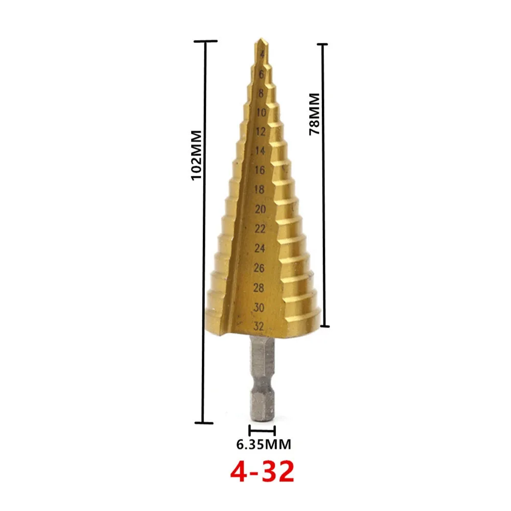 1Pcs 4-32 mm HSS Titanium Coated Step Drill Bit Drilling Power Tools Metal High Speed Steel Wood Hole Cutter Step Cone Drill High-Speed Steel Drill Bit