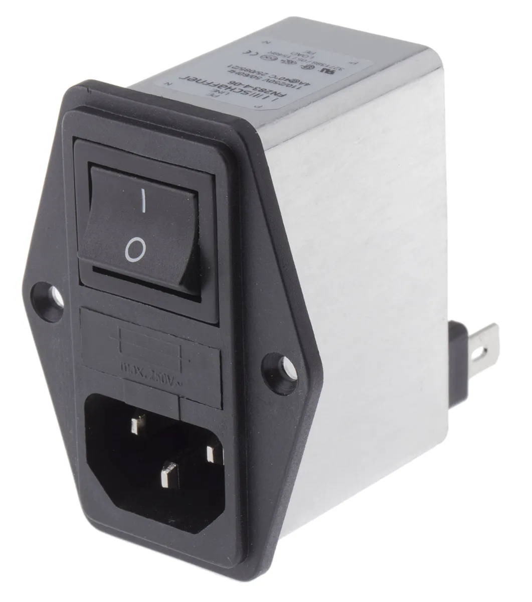 Schaffner C14 IEC-Anschlussfilter Stecker mit 2-Pol Schalter 5 x 20mm Sicherung, 250 V ac / 4.8A, Tafelmontage /