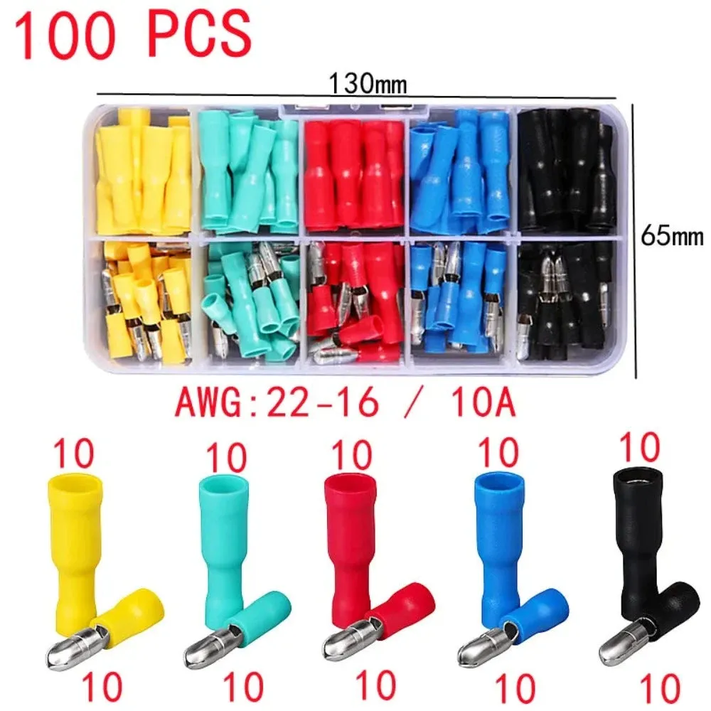 100-150pcs Box-Packed,Butt Crimping Terminal,Bullet Type Lnsulated Electrical Connector,Female and Male Wire Connector,Brass