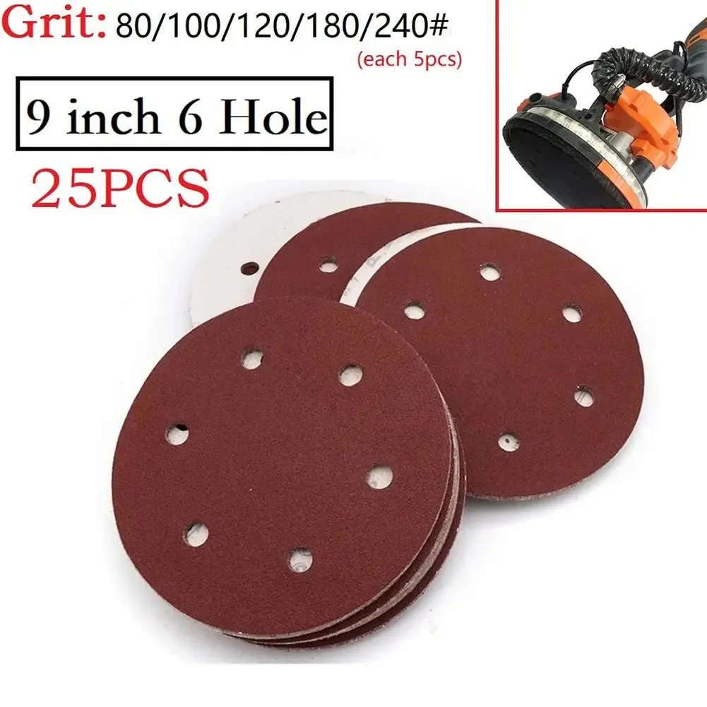 25PCS/Set 9 Inch 225mm Sanding Sandpaper Sanding Discs 6 Hole Hook Loop Sandpaper Disc for Grinder