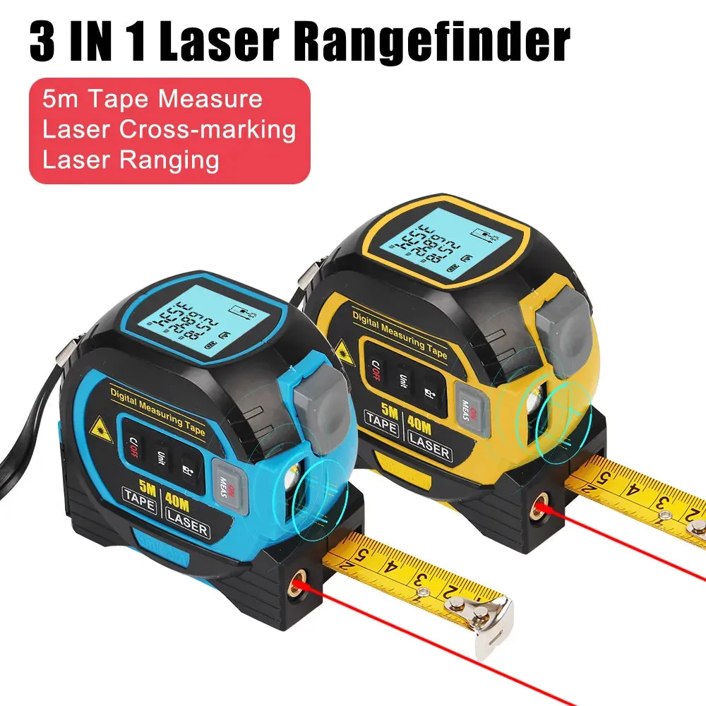 3 in 1 Laser Rangefinder 5M Tape Measure Ruler LCD Display with Backlight Distance Meter Building Measurement Device