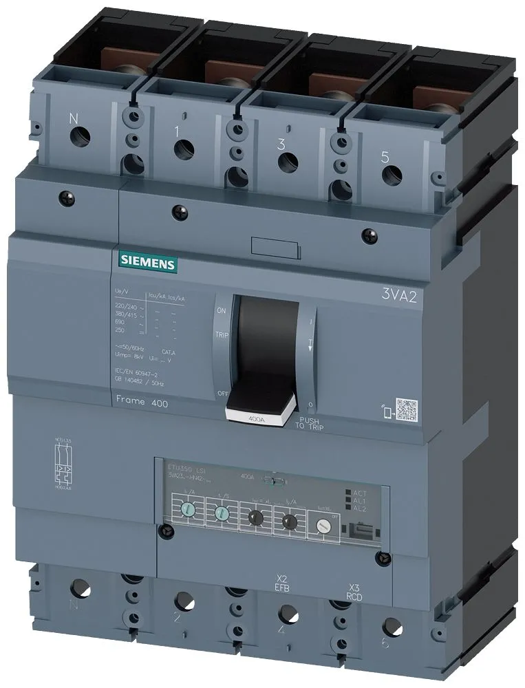 Siemens SENTRON 3VA2, Schutzschalter 4P-polig, 400A, DIN-Schienen-Montage
